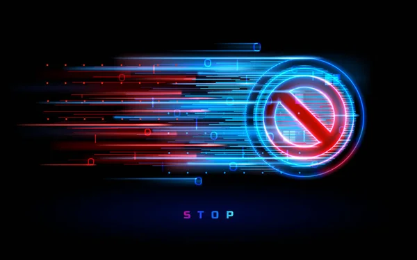 Digitaler Neon-Fluss mit Stoppschild. Verboten — Stockvektor