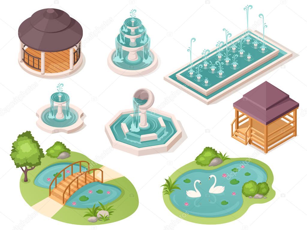 Park fountains, gazebo pavilions and garden ponds