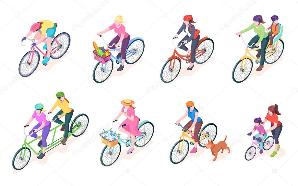 Set of isolated woman cyclist on bikes with basket