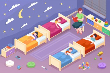 Anaokulundaki çocuklar için kitap okuyan öğretmen.