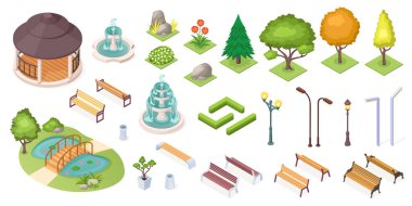 Park ağaçları, bahçe manzarası izometrik yapıcı
