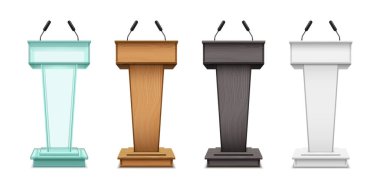 Realistic speaker podium tribunes with microphones clipart