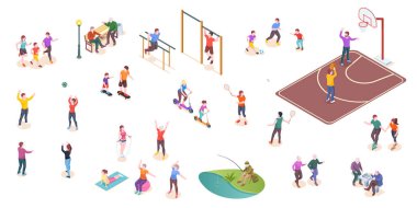 People in park, sport activity play, isometric set vector People in park, sport activity play, isometric set vector