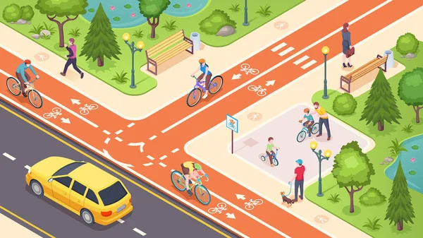 Carril bici, carril bici calle isométrica ciudad — Vector de stock