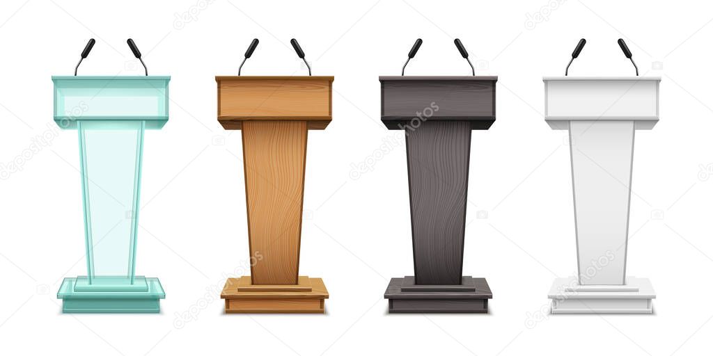 Realistic speaker podium tribunes with microphones