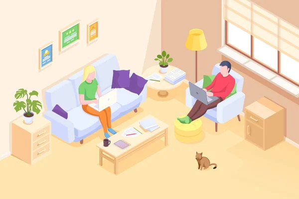 Couple travaillant à domicile en ligne freelance, isométrique — Image vectorielle