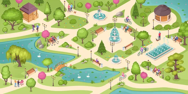 Şehir parkındaki insanlar, dinlenme ve rahatlama aktiviteleri — Stok Vektör