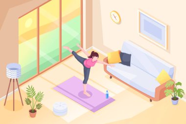 Yoga evi, odada egzersiz yapan kadın, izometrik.