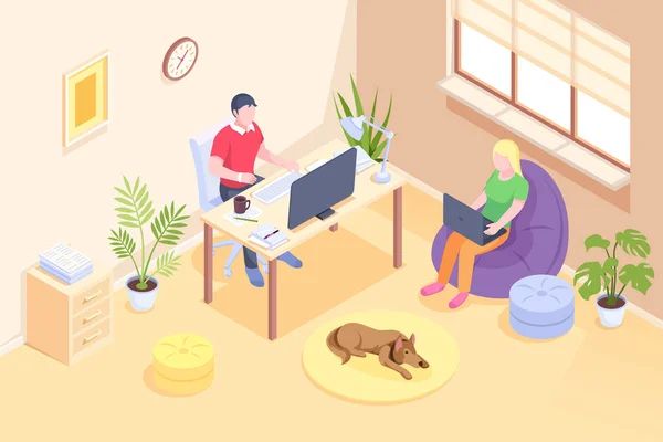 Online work couple freelance home office isometric — Stock Vector