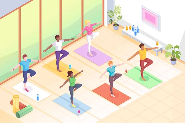 Aula de grupo de ioga, exercício de pose fitness, isométrico —  Vetores de Stock