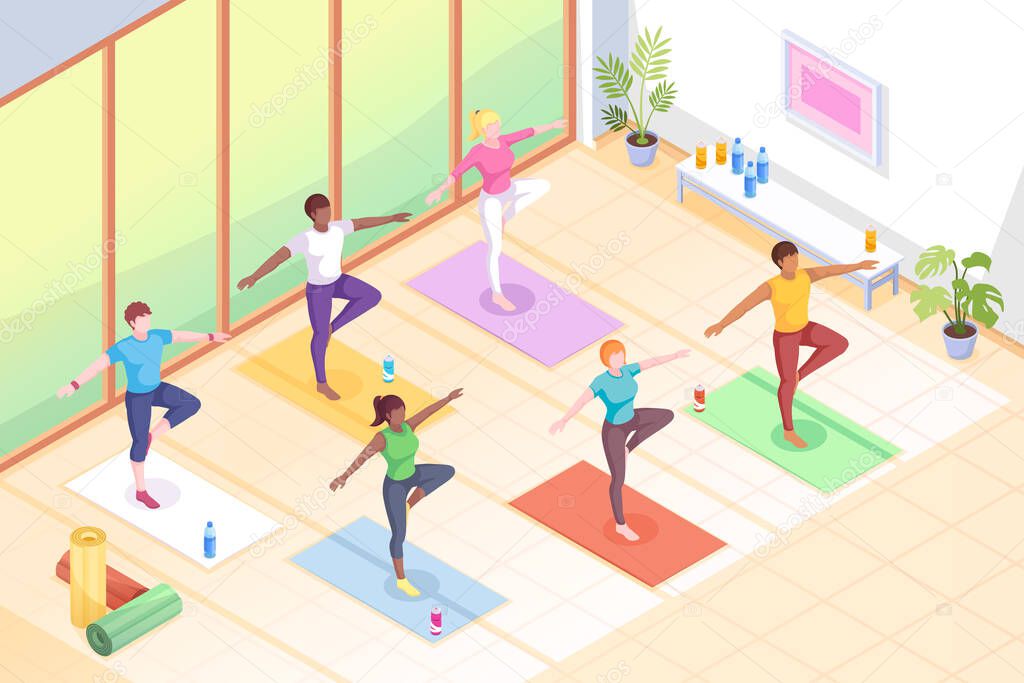 Yoga group class, pose fitness exercise, isometric