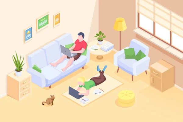 Pasangan yang bekerja di rumah online freelance, isometric - Stok Vektor