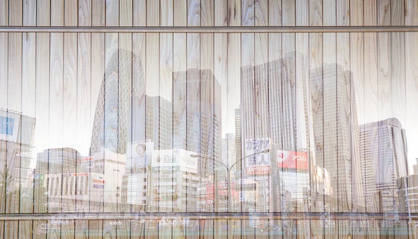 Vista del paisaje urbano de Tokio con fondo de madera . —  Fotos de Stock