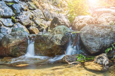 güneş ışığı ile bahçede küçük şelale.