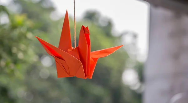 Naranja pájaro de papel es colgado por una cuerda . — Foto de Stock