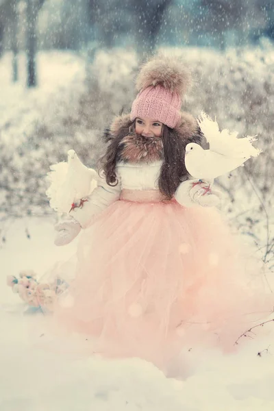 Inverno nevado e uma menina em um boné com pombas — Fotografia de Stock