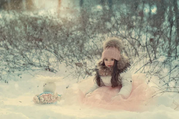 Χιονισμένο χειμώνα και ένα κορίτσι σε ένα καπάκι με περιστέρια — Φωτογραφία Αρχείου