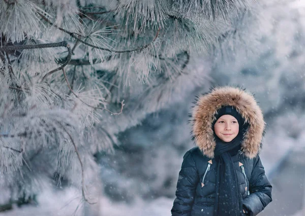 Ragazzo in giacca con cappuccio in un parco innevato — Foto Stock