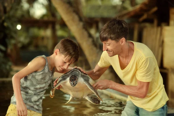 Pappa och son och en stor sköldpadda — Stockfoto