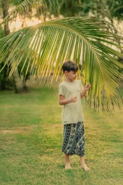 bir hurma dalı tutan yeşil çimen çocuk