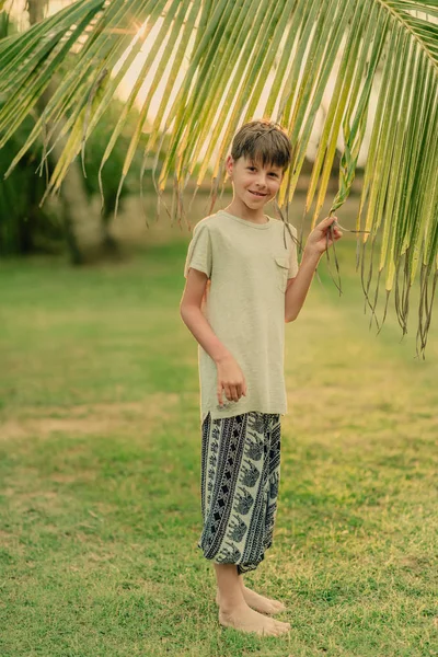 Pojken på det gröna gräset håller en palm filial — Stockfoto