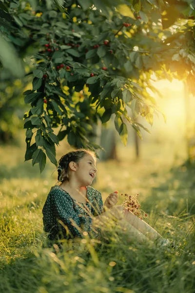 Het meisje in de cherry tuin — Stockfoto