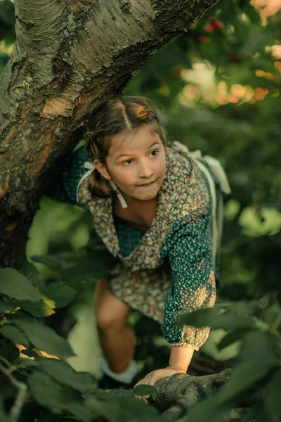 The girl in the cherry garden — Stock Photo, Image