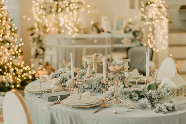 Decorated New Year Table Light Turquoise Colors — Stock Photo, Image