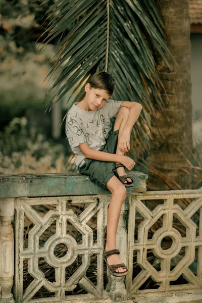 Der Junge Sitzt Auf Einem Zaun Unter Palmen — Stockfoto