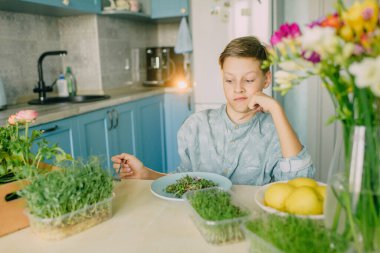 Mutfakta mikroyeşil tişörtlü bir çocuk.