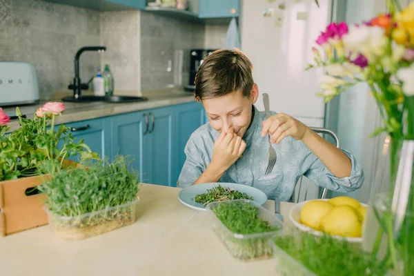 Pojke Blå Skjorta Med Mikrogrönt Köket — Stockfoto