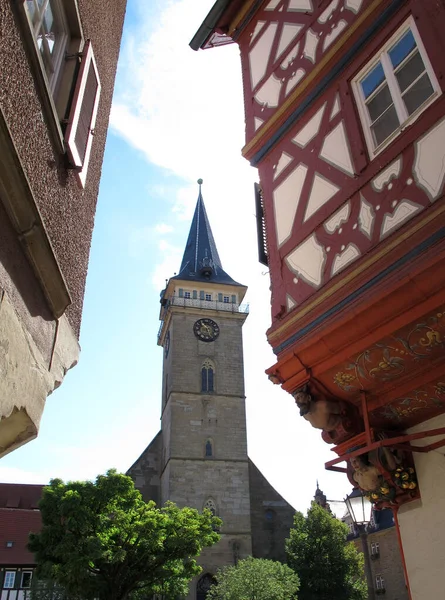 Vista Sobre Torre Del Reloj Iglesia Oehringen Medieval Alemania —  Fotos de Stock