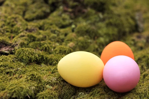Três Ovos Páscoa Pintados Grama — Fotografia de Stock