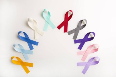 Yarı çember içindeki tüm kanser türleri için sağlık sembolleri olarak renkli kanser kurdeleleri