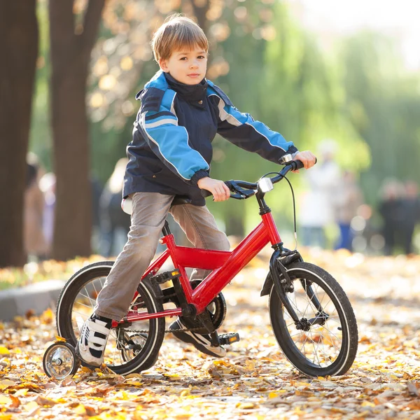 Happy boy with bicycle in the autumn park — Stock Photo, Image