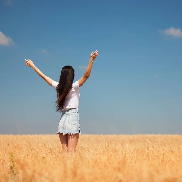 Mujer Feliz Disfrutando Vida Campo Belleza Naturaleza Cielo Azul Campo —  Fotos de Stock