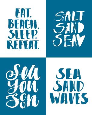 Deniz vektör çizimleri kümesi. El tırnak ve ifadelere yazı ve fırça hat: Yemek, plaj, uyku, tekrarlayın. Tuz, kum, deniz. Deniz yakında. Dalgalar deniz, kum. Beyaz ve mavi.