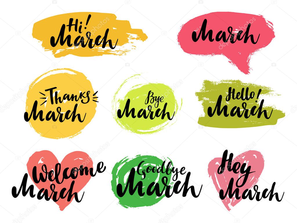 March calligraphic spring set with spot, heart on the background. Brush calligraphy, hand lettering. For calendar, schedule, diary, journal, postcard, label, sticker and decor
