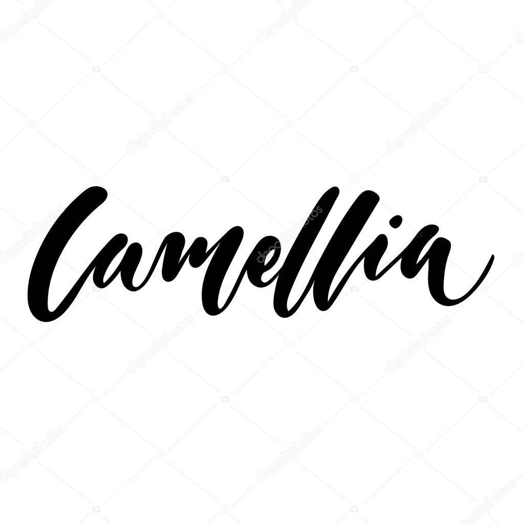 Floral vector calligraphic logo. Flower Camellia. Hand calligraphy with brush, lettering, modern design for decoration of flower shops, cosmetics, hairdressers. Emblems, prints, patterns