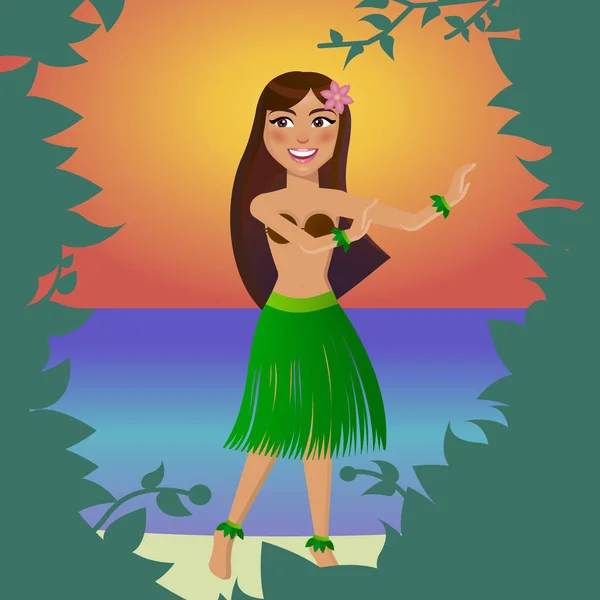 Ilustración Vectorial Chica Hawaiana Fondo Del Atardecer — Vector de stock