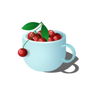 vektör çizim: kiraz beyaz zemin üzerine mavi Kupası