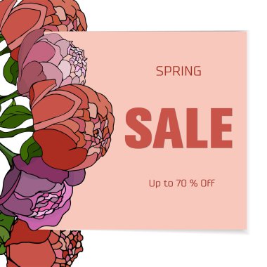 Klasik çiçek satışı kartı, doğal peonies, doğal botanik vektör çizim buket