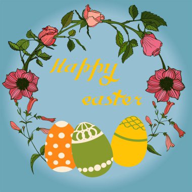 Paskalya vektör çizim yumurta, gül çiçek ve tavşanlar. Kartpostallar, posterler, çıkartmalar ve benzeri tasarımı için mükemmel.