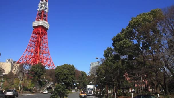 Tokyo Tower Szeroki Strzał Jego Lokalizacji Miasta Tokio Kamery Canon — Wideo stockowe