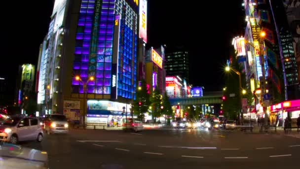 Lapso Nocturno Akihabara Cruzando Obturador Lento Tiro Ancho Una Ciudad — Vídeos de Stock