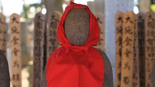 Статуя Дзидзо Центр Вверх Съемке Храме Gotokuji Токио Традиционное Расположение — стоковое видео