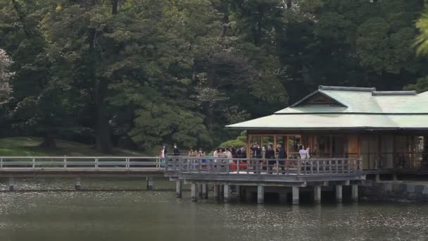 Павильон Рядом Озером Долго Снимали Парке Хамарикю Природное Место Токио — стоковое видео