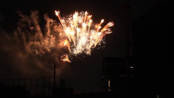 Fogos de artifício perto do edifício na cidade urbana de Tóquio na noite de verão — Vídeo de Stock