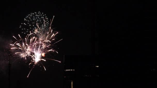 Fogos de artifício perto do edifício na cidade urbana de Tóquio na noite de verão — Vídeo de Stock