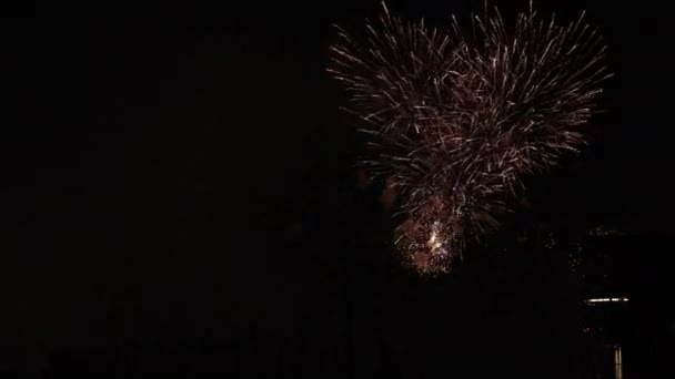 Feux d'artifice près du bâtiment de la ville urbaine de Tokyo la nuit d'été — Video